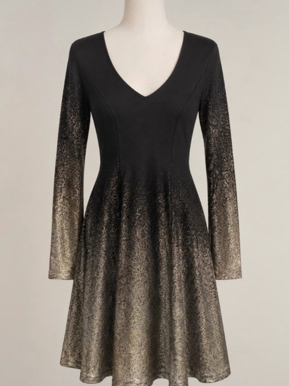 Black & Gold Ombre V-Neck Long Sleeve Flare Dress